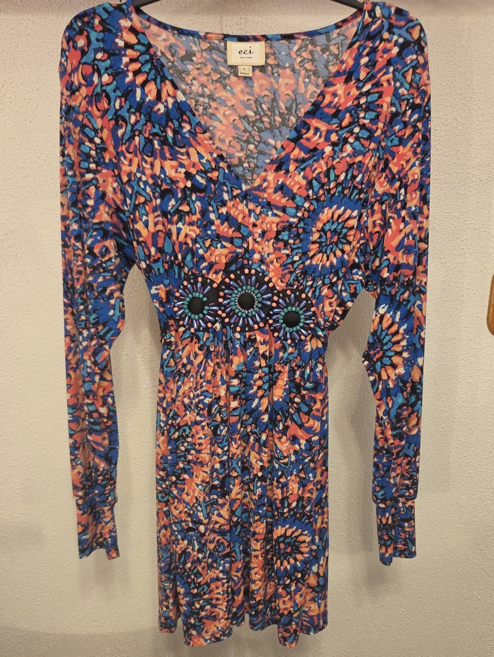 ECI Blue and Coral Printed V-Neck Tunic with Embellished Empire Waist